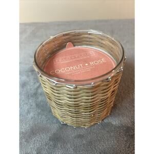 Field + Fleur 2-Wick Glass Jar Candle Wicker Wrapped Coconut And Rose 12 oz New